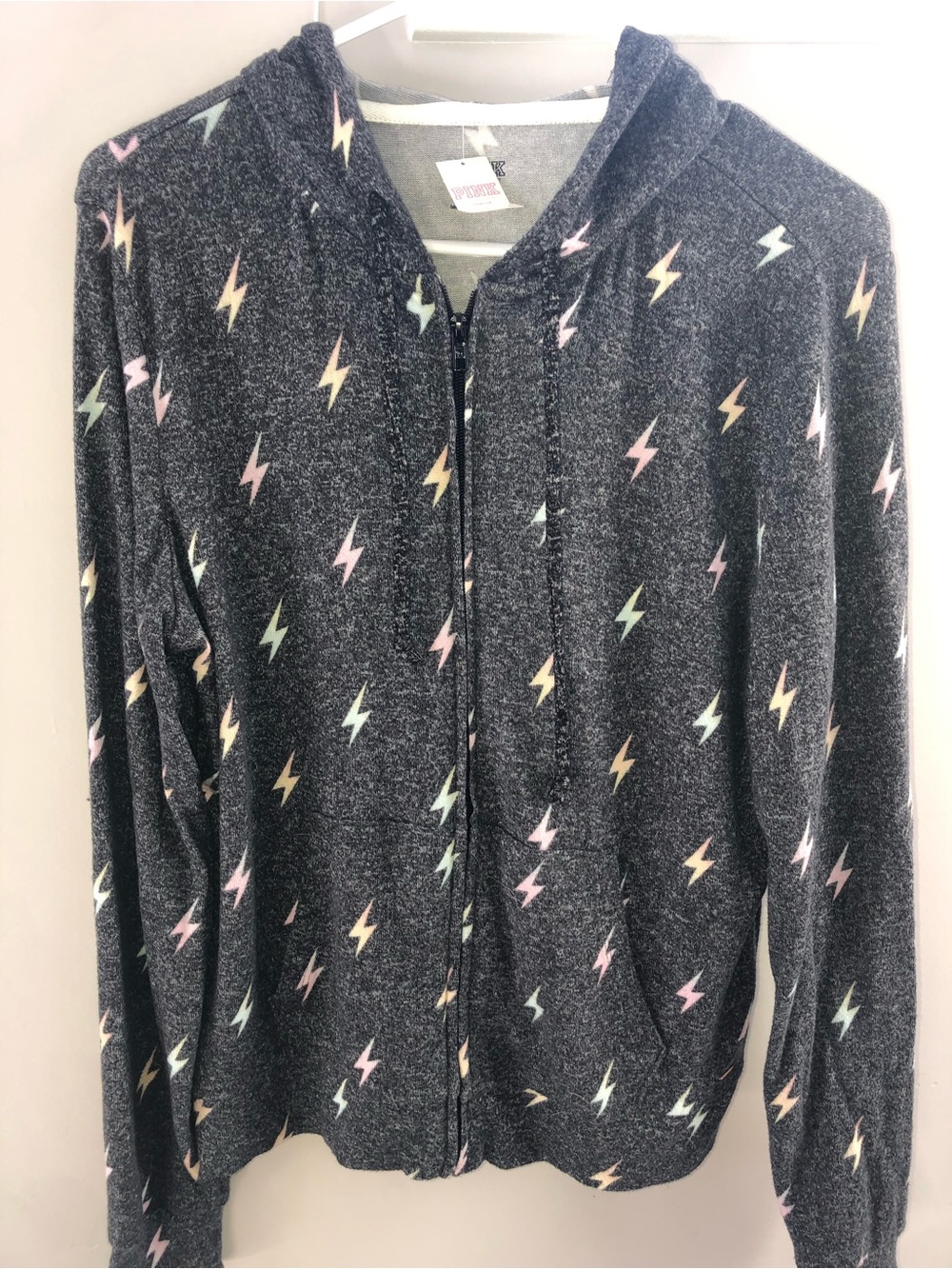 Victorias Secret PINK Dark Heather Gray Lightning Bolt Zip Lounge Hoodie NWT